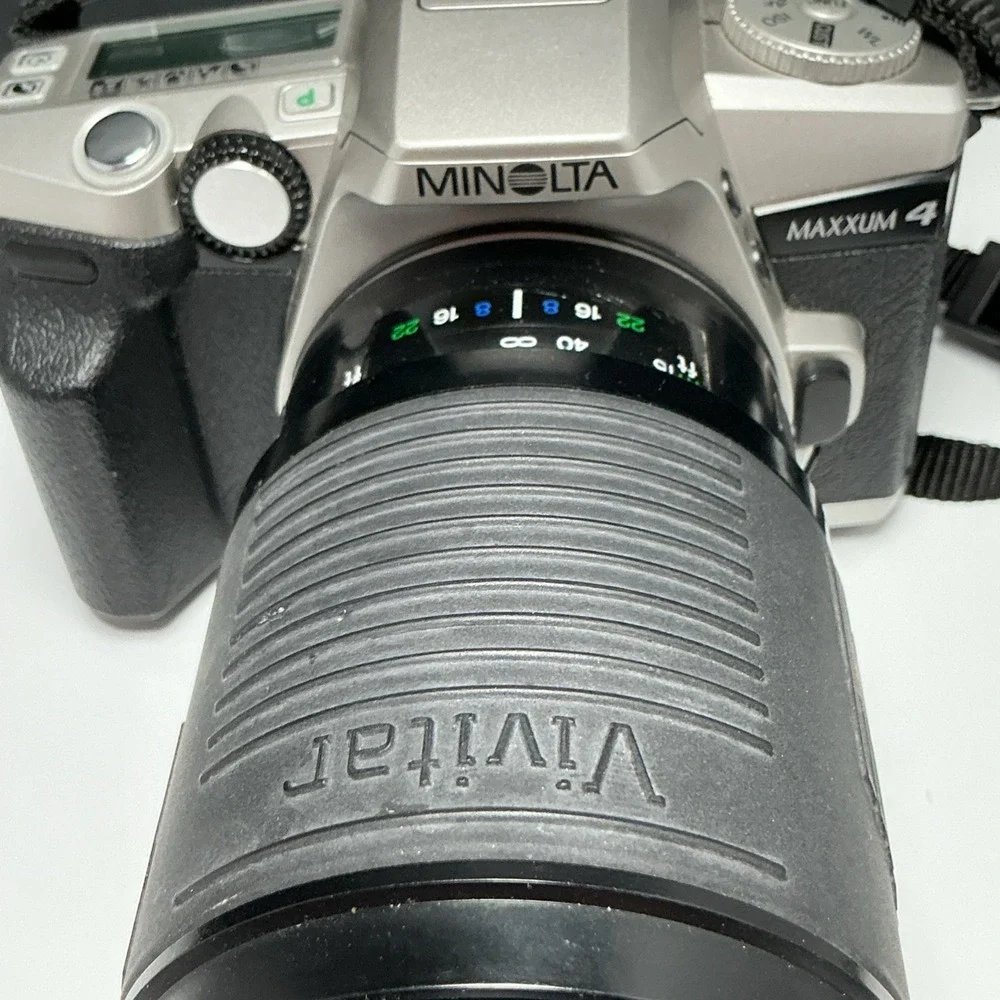 Minolta Maxxum 4 35mm Film Camera Lot w/ Minolta 50mm & Vivitar Lenses Untested